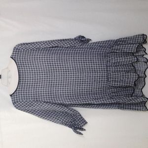 SYMPHONY Women Black White Plaid Shift Dress 3/4 Sleeves Cuff Tie Ruf…